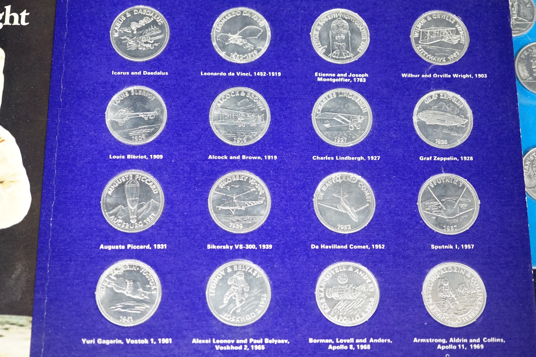 Shell and Esso collector's medals and coins for 1970 World cup, man in flight and FA cup centenary 1872-1972